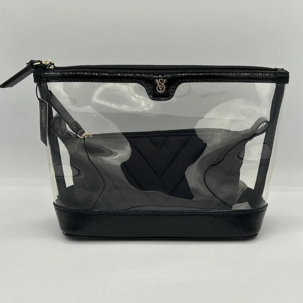 Victoria's Secret Black Clear 2-in-1 Makeup Bag Set Quilted Pouch Gold Logo NWT